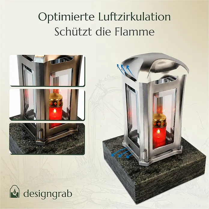 Grablaterne Venezia mit Granit-Sockel Olive Green, 13x13x24 cm, Edelstahl -  - Grablampe aus Edelstahl mit optimierter Luftzirkulation schützt brennende rote Kerze auf dunkelgrünem Granitsockel.