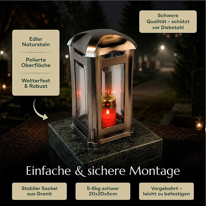Grablaterne Venezia mit Granit-Sockel Olive Green, 13x13x24 cm, Edelstahl -  - Elegante Grablaterne aus dunklem Metall mit roter Kerze auf poliertem Granitsockel auf einem Friedhof bei Nacht.