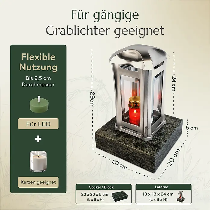 Grablaterne Venezia mit Granit-Sockel Olive Green, 13x13x24 cm, Edelstahl -  - Grablampe aus Metall auf Granitsockel, 29 cm Gesamthöhe, passend für Grablichter und LEDs bis 9,5 cm Durchmesser.