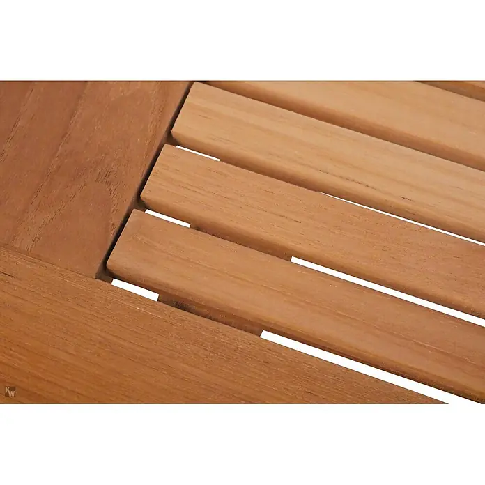 Teak Loungetisch Massivholz 120 x 60 cm wetterfest pflegeleicht und edel -  - Hellebraune Holzlamellenoberfläche, zeigt natürliche Holzmaserung und Konstruktionsdetails.
