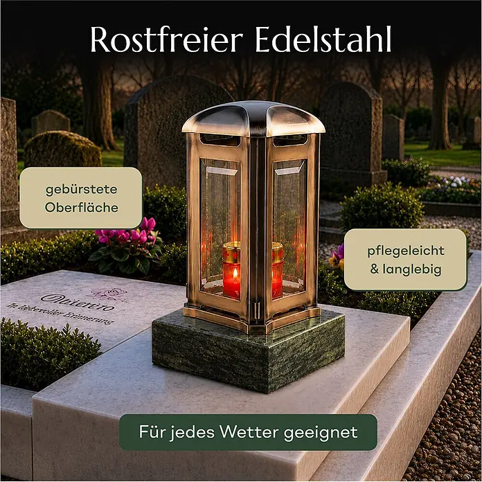 Grablaterne Venezia mit Granit-Sockel Olive Green, 13x13x24 cm, Edelstahl -  - Rostfreie Edelstahl-Grablaterne mit gebürsteter Oberfläche, pflegeleicht, langlebig und für jedes Wetter geeignet.