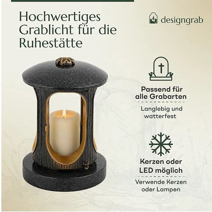 Runde Grablaterne Ø 15 cm, H 22 cm, Granit Schwedisch Schwarz, Gold-Messing -  - Hochwertiges Grablicht aus dunklem Granit mit goldenen Details, geeignet für Kerzen oder LEDs.