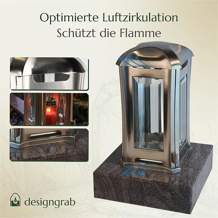 Grablaterne Venezia mit Granit-Sockel Orion, 13x13x24 cm, Edelstahl -  - Silberne Grablaterne auf Granitsockel mit optimierter Luftzirkulation zum Schutz der Flamme.