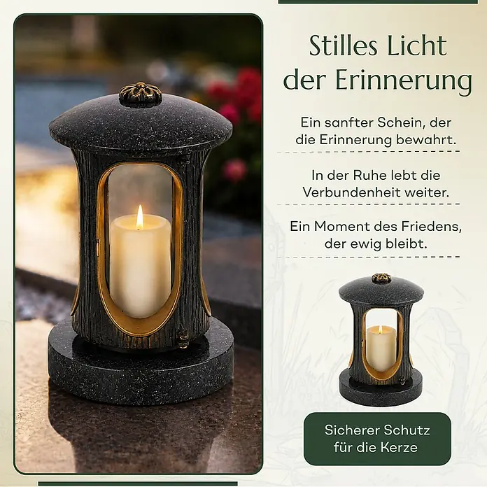 Runde Grablaterne Ø 15 cm, H 22 cm, Granit Schwedisch Schwarz, Gold-Messing -  - Ein schwarzes Grablicht in Granitoptik mit goldenen Akzenten und brennender Kerze, auf dunklem Stein platziert.