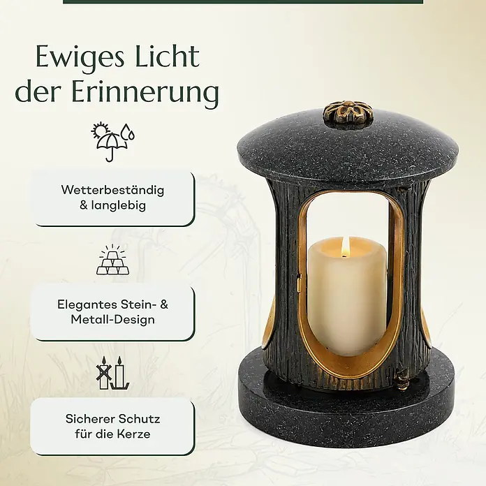 Runde Grablaterne Ø 15 cm, H 22 cm, Granit Schwedisch Schwarz, Gold-Messing -  - Wetterbeständige Grablampe aus dunklem, gesprenkeltem Stein und goldfarbenem Metall, die eine brennende Kerze schützt.