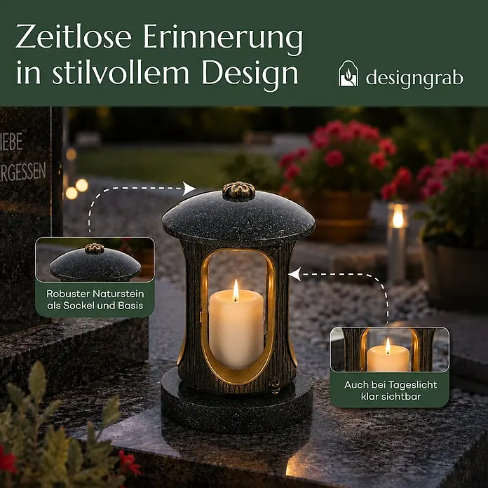 Runde Grablaterne Ø 15 cm, H 22 cm, Granit Schwedisch Schwarz, Gold-Messing -  - Dunkle Naturstein-Grablaterne mit brennender Kerze, betont robustes Material und gute Sichtbarkeit auf dem Grab.