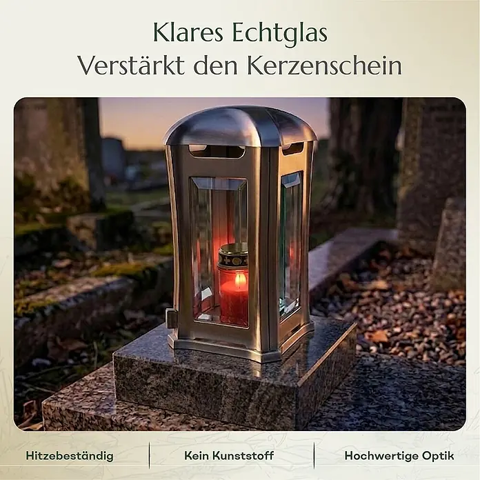 Grablaterne Venezia mit Granit-Sockel Orion, 13x13x24 cm, Edelstahl -  - Bronzefarbene Grableuchte mit Echtglasscheiben und brennender roter Kerze, auf einem Grabstein platziert.