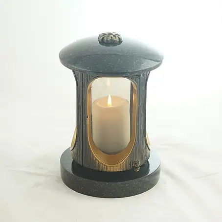 Runde Grablaterne Ø 15 cm, H 22 cm, Granit Schwedisch Schwarz, Gold-Messing