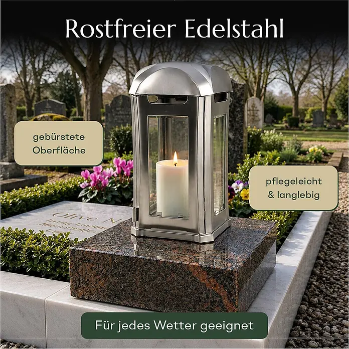Grablaterne Venezia mit Granit-Sockel Gneis, 13x13x24 cm, Edelstahl -  - Gebürstete Edelstahl-Grablaterne mit brennender Kerze auf einem Grabstein. Wetterfest und langlebig.