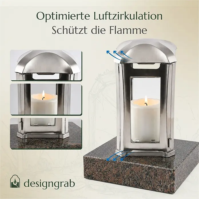 Grablaterne Venezia mit Granit-Sockel Gneis, 13x13x24 cm, Edelstahl -  - Edelstahl-Laterne mit brennender Kerze, zeigt optimierte Luftzirkulation zum Schutz der Flamme. Steht auf einem Granit-ähnlichen Sockel.