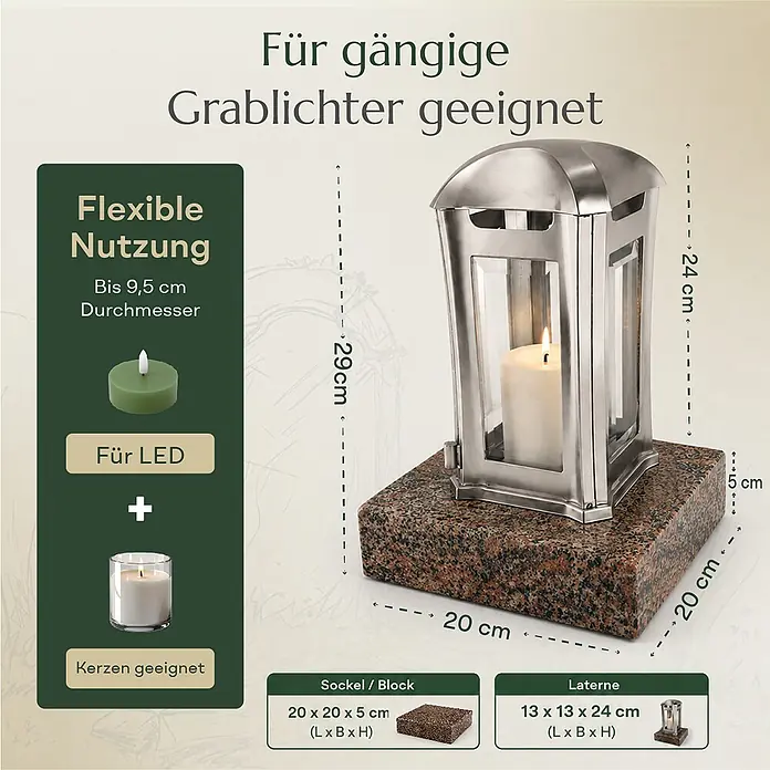 Grablaterne Venezia mit Granit-Sockel Gneis, 13x13x24 cm, Edelstahl -  - Silberne Grablaterne mit Glas auf Granitsockel, 29 cm hoch. Für LED- oder Wachskerzen bis 9,5 cm Durchmesser geeignet.