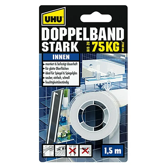 UHU Doppelband Stark Universal - 1,5 m x 19 mm - UHU Doppelband Stark: Dauerhafte Montage für glatte Oberflächen, ideal für Spiegel und Glas. Saubere, einfache und schnelle Anwendung, feuchtigkeitsbeständig.