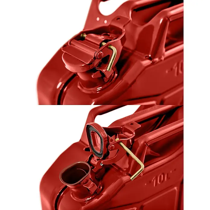 Oxid7 by BW Kraftstoffkanister 20 l, Benzinkanister, Rot, 2 Stk. -  - Roter Metall-Kanister mit Ausgießer-Mechanismus in geschlossener und offener Position.