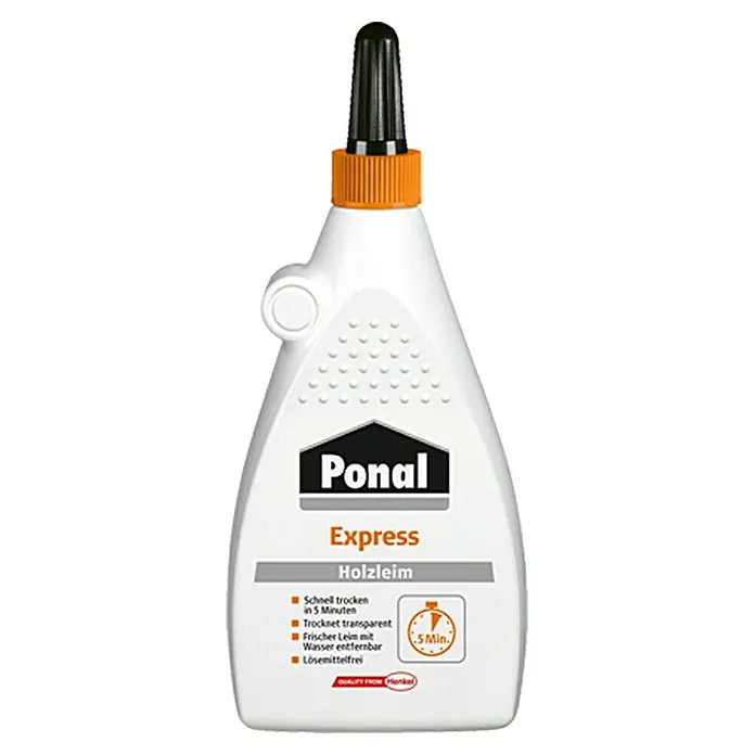 Ponal Holzleim Express - 225 g, Lösemittelfrei - Abbildung einer Flasche Ponal Express Holzleim, einem schnell trocknenden transparenten Holzleim von Henkel.