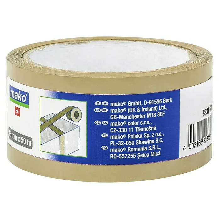 Packband - Braun, 50 m x 48 mm - Nahaufnahme einer Rolle braunen MAKO-Verpackungsklebebands mit Produktinformationen auf dem Etikett.