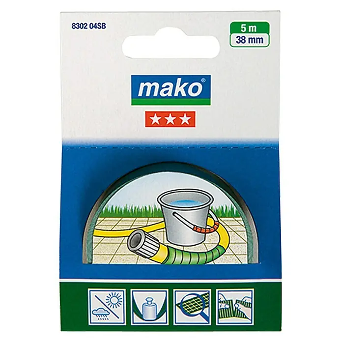 Mako Super-Kraftband - Grün, 5 m x 38 mm - Bild einer Mako-Gartenschlauchverpackung mit Schlauchbild und Produktinformationen.