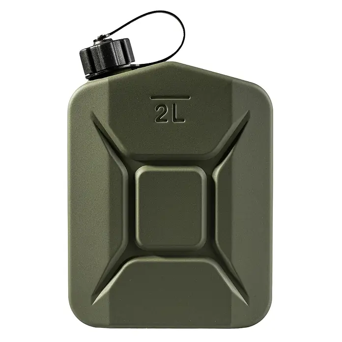 Oxid7 by BW Kraftstoffkanister Proper 2 l, Metall + Ausgießer, 2 Stk. -  - Dunkelgrüne 2L Kanisterflasche mit schwarzem Schraubverschluss und Halteband, mit geprägten Details.