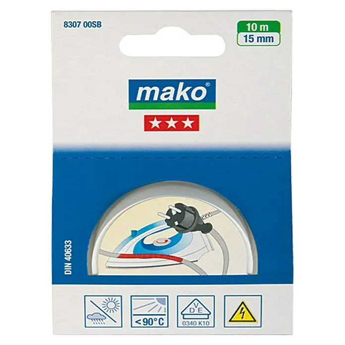 Mako Isolierband - Weiß, 10 m x 15 mm - Produktverpackung für ein Mako-Textilband, 10 m lang und 15 mm breit, geeignet für Bügeleisenkabel bis 90°C, mit Qualitätssiegel.