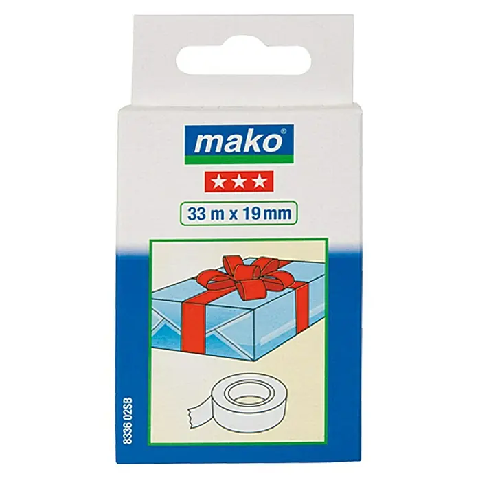 Mako Klebefilm - 1 Stk., 3.300 x 1,9 cm, Glasklar - Das Foto zeigt die Verpackung von Mako Klebeband 33m x 19mm, ideal zum Verpacken von Geschenken und mit hoher Klebkraft.