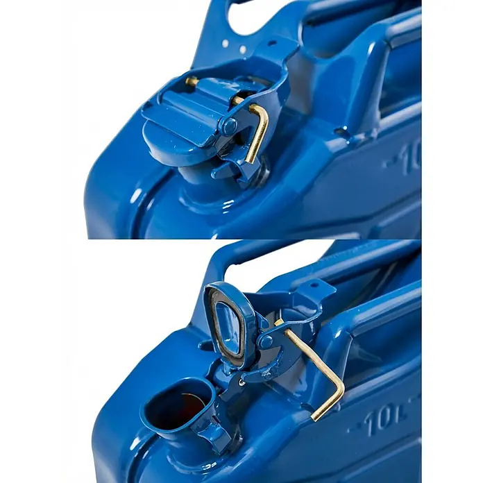 BW Kraftstoffkanister 10 l, Bajonett + Ausgießer, Blau, 3 Stk. -  - Nahaufnahme des blauen Metall-Benzinkanisterausgusses, geschlossen mit Verschlussmechanismus und geöffnet.
