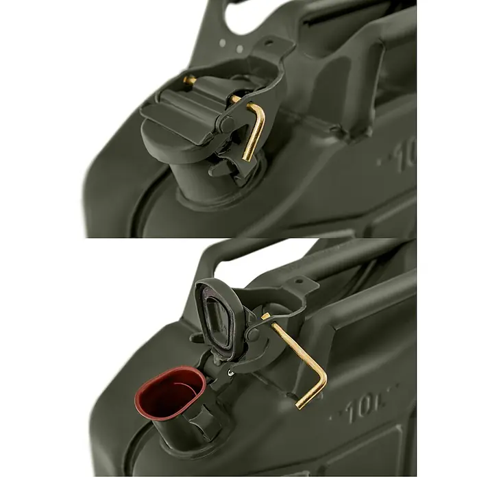 Oxid7 by BW Kraftstoffkanister 5 l, Benzinkanister, Bronzegrün -  - Militärgrüner Metall-Benzinkanister, geschlossen und offen mit rotem Einfüllstutzen gezeigt, 10L Fassungsvermögen.