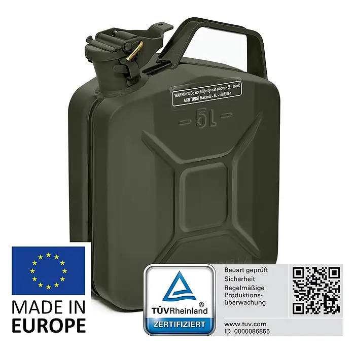 Oxid7 by BW Kraftstoffkanister 5 l, Benzinkanister, Bronzegrün -  - Olivgrüner Metall-Kanister, 5L Fassungsvermögen, TÜV Rheinland zertifiziert, Made in Europe.