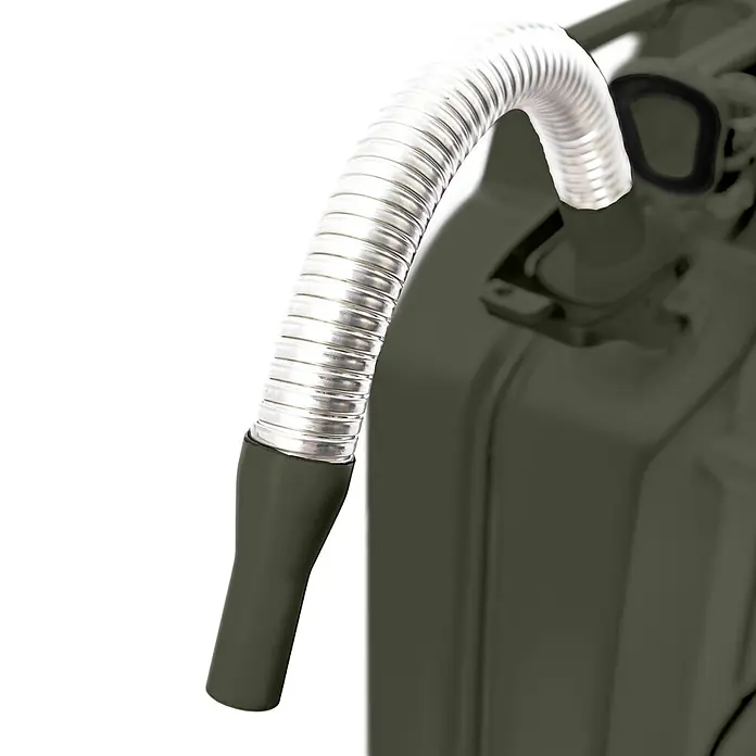 BW Ausgießer für Kanister 5/10/20 l, Flexrohr 20 mm Benzin, Bronzegrün -  - Olivgrüner Kanister mit flexiblem Wellrohr-Ausgießer aus Metall und dunkler Spitze.