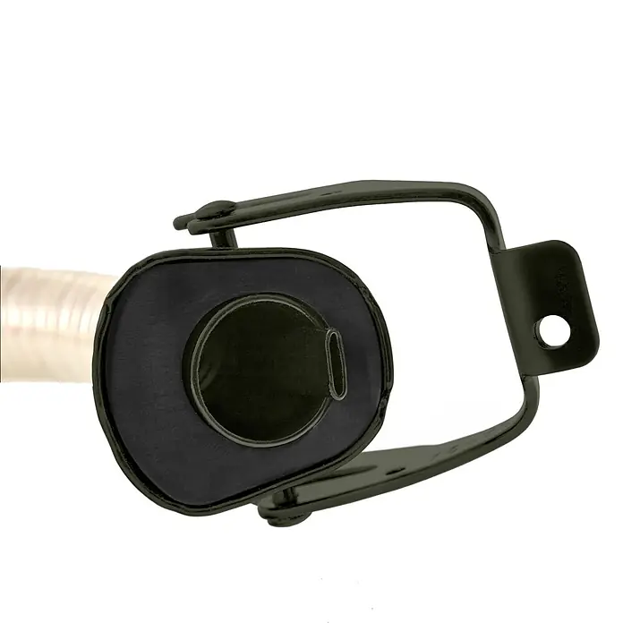 BW Ausgießer für Kanister 5/10/20 l, Flexrohr 20 mm Benzin, Bronzegrün -  - Dunkelgrüne Metall-Montageklemme mit rundem Schlauchanschluss, hält ein geripptes weißes Rohr.