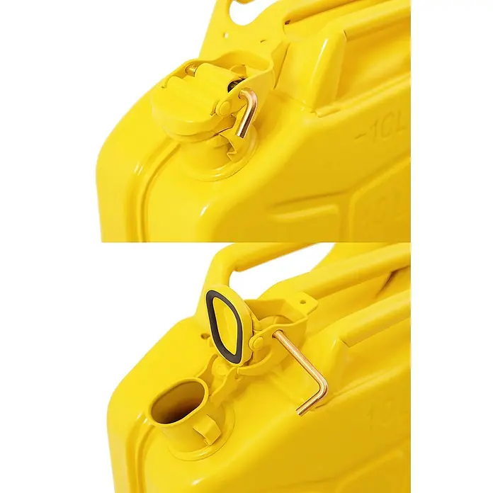 BW Kraftstoffkanister 10 l, Bajonett + Ausgießer, Gelb -  - Leuchtend gelber Metall-Benzinkanister, Deckel geschlossen und offen, zeigt Auslauf, Gummidichtung und "10L" Fassungsvermögen.