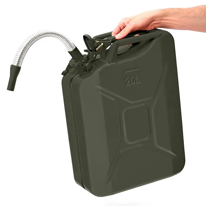BW Ausgießer für Kanister 5/10/20 l, Flexrohr 20 mm Benzin, Bronzegrün -  - Dunkelgrüner Metall-20L-Benzinkanister mit flexiblem Auslauf, von einer Hand gehalten.