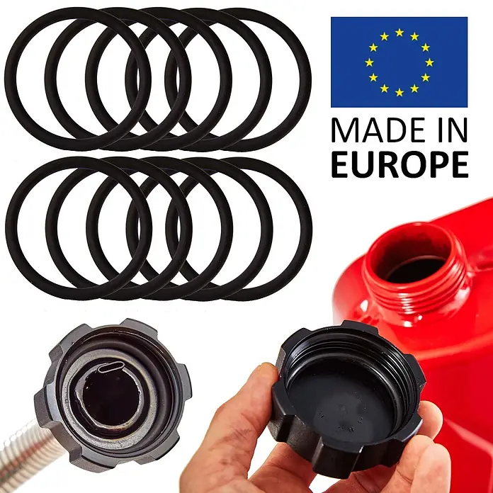 BW Ersatzdichtung Ausgießer für Kanister, Schraubverschl., 10 Stk. -  - Schwarze Gummi-O-Ringe, roter Benzinkanister mit schwarzer Schraubkappe und Auslaufkappe, plus 'Made in Europe' und EU-Flagge.