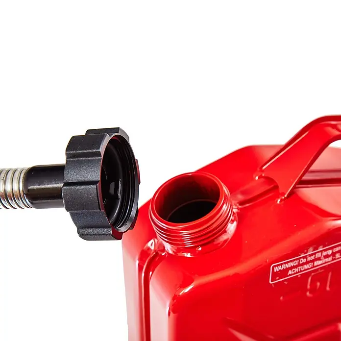 BW Ersatzdichtung Ausgießer für Kanister, Schraubverschl., 10 Stk. -  - Roter Metall-Benzinkanister mit schwarzem flexiblem Ausgießer, bereit zum Befüllen.