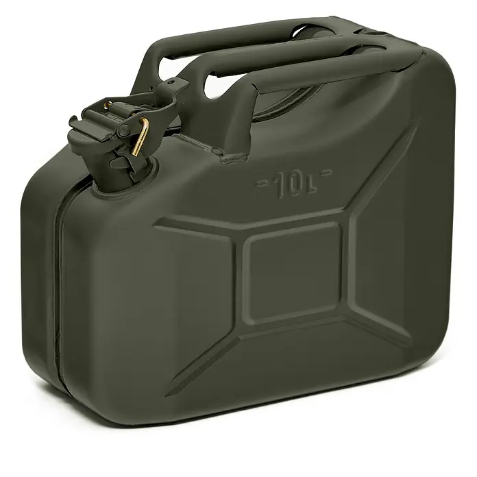 BW Kraftstoffkanister Metall 10 l, Benzinkanister, Bronzegrün, 3 Stk. -  - Dunkelgrüner Metall-10L-Kanister mit drei Griffen und einem Riegelverschluss.