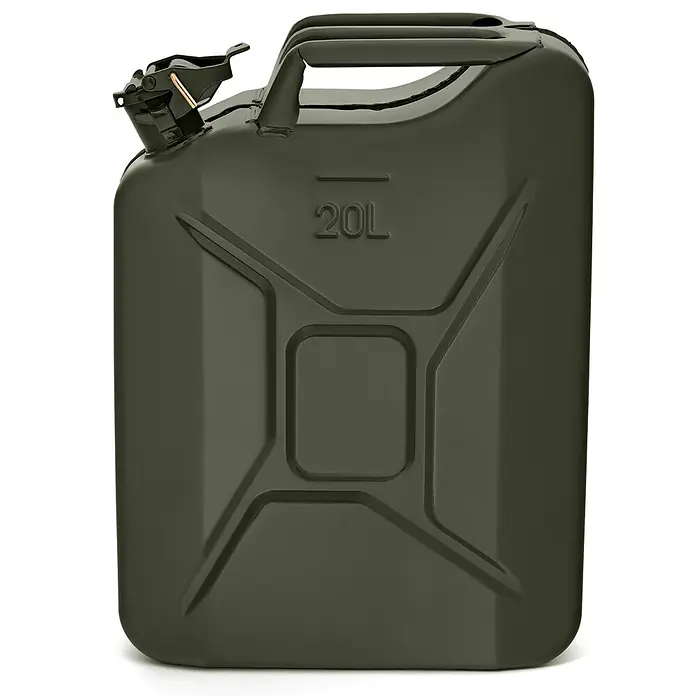 BW Kraftstoffkanister 20 l, Bajonett + Ausgießer, Bronzegrün, 2 Stk. -  - Olivgrüner Metall-Benzinkanister mit 20L Fassungsvermögen, klassischem Auslauf und robustem Tragegriff zur Kraftstofflagerung.
