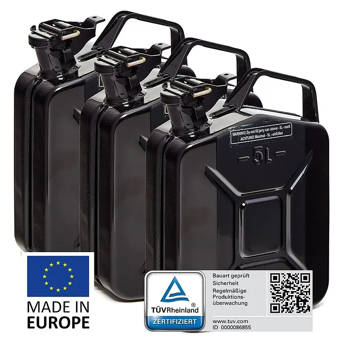 Oxid7 by BW Kraftstoffkanister 5 l, Benzinkanister, Schwarz, 3 Stk. -  - Drei schwarze 5-Liter Metall-Benzinkanister mit Warnhinweisen und Zertifizierung.