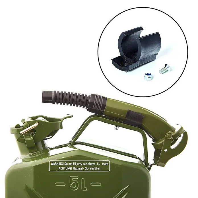 BW Kraftstoffkanister 5 l, Bajonettverschl. + Ausgießer, Olivgrün -  - Grüner 5-Liter-Kanister mit flexiblem Ausgießer und schwarzer Halterung mit Befestigungsmaterial.