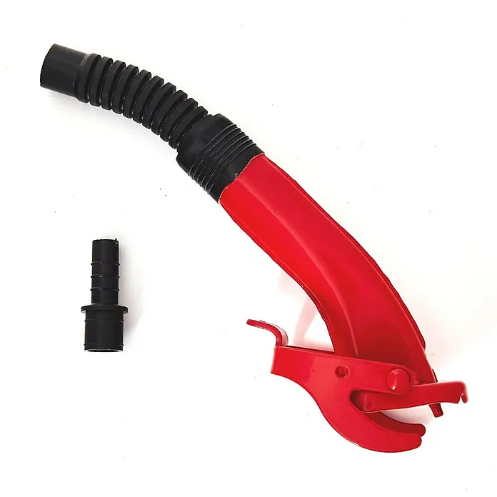 Oxid7 by BW Benzinkanister 10 l, Bajonett + Ausgießer, Rot, 5 Stk. -  - Roter und schwarzer flexibler Tankauslauf mit Hebel und separatem schwarzem Adapter für Benzinkanister.