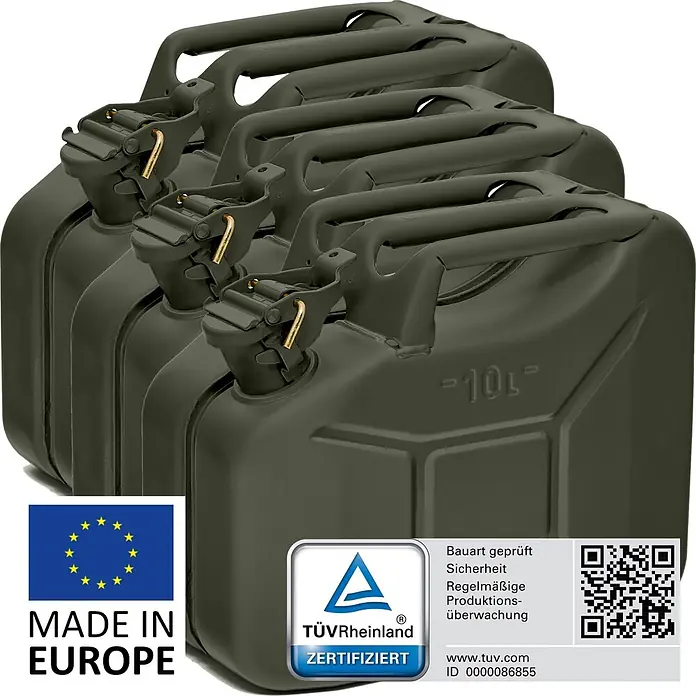 BW Kraftstoffkanister Metall 10 l, Benzinkanister, Bronzegrün, 3 Stk. -  - Stapel von olivgrünen 10L Metall-Kraftstoffkanistern mit sicheren Verschlüssen, zertifiziert und hergestellt in Europa.