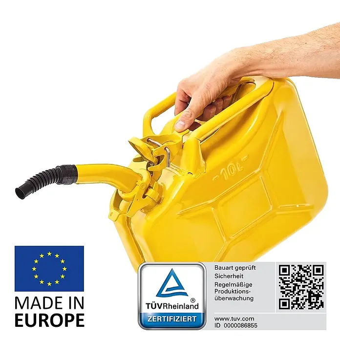 BW Kraftstoffkanister 10 l, Bajonett + Ausgießer, Gelb -  - Gelber 10L Metall-Benzinkanister mit flexiblem Ausgießer, von einer Hand gehalten.