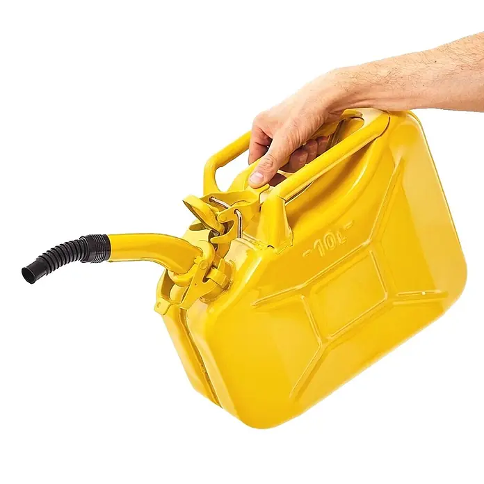 BW Kraftstoffkanister 10 l, Bajonett + Ausgießer, Gelb -  - Gelber Metall-Benzinkanister mit flexiblem Auslauf, von einer Hand gehalten. 10L Fassungsvermögen.
