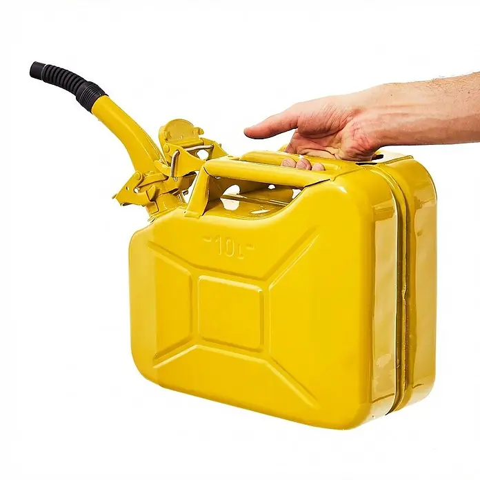BW Kraftstoffkanister 10 l, Bajonett + Ausgießer, Gelb -  - Gelber Metall-Benzinkanister mit 10L Fassungsvermögen, von einer Hand gehalten. Ein flexibler Auslauf ist angebracht.
