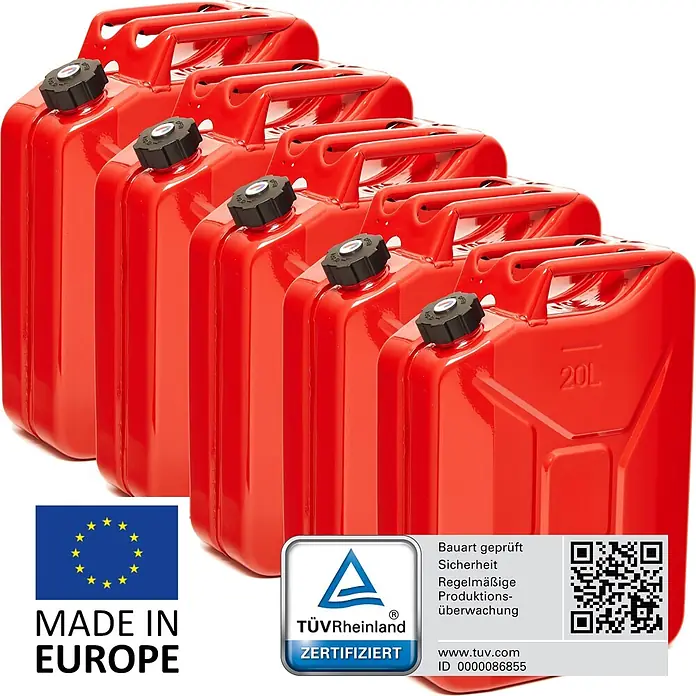 BW Kraftstoffkanister 20 l, Metall, Schraubverschluss, Rot, 5 Stk. -  - Mehrere rote Metall-20L-Benzinkanister, aufgereiht.