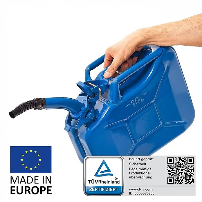 BW Kraftstoffkanister 10 l, Bajonett + Ausgießer, Blau, 3 Stk. -  - Eine Hand kippt einen blauen 10-Liter-Metall-Benzinkanister mit flexiblem Ausgießer.