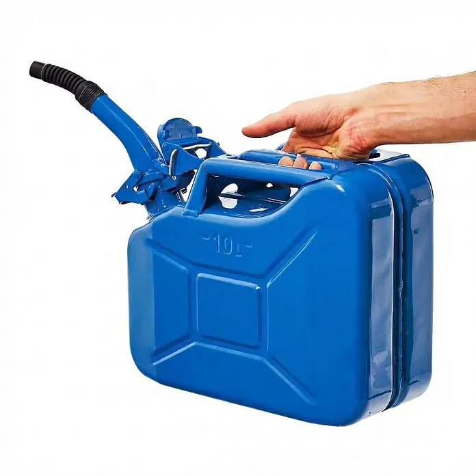 BW Kraftstoffkanister 10 l, Bajonett + Ausgießer, Blau, 3 Stk. -  - Blauer Metall-10L-Kraftstoffkanister mit Ausgießer, von einer Hand gehalten.