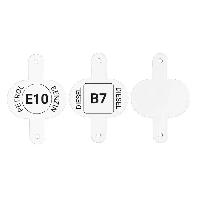 Oxid7 by BW Kennzeichnungsclip für Metall-Kanister, Benzin E5 -  - Drei weiße Plastik-Kraftstoffetiketten: E10 Benzin, B7 Diesel und ein leeres.