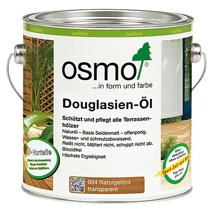 Osmo Douglasien-Öl 004 - Naturgetönt, Transparent, 2,5 l, Seidenmatt - Bild einer Dose Osmo Douglasien-Öl, Holzschutzöl für Terrassendielen, transparent und naturgetönt, mit Produktvorteilen hervorgehoben.