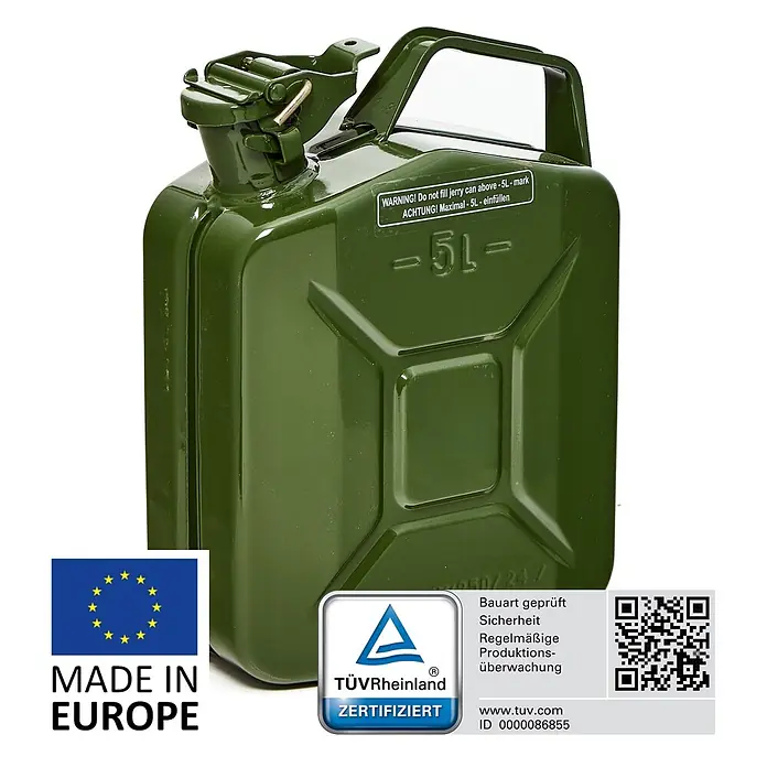 Oxid7 by BW Kraftstoffkanister 5 l, Benzinkanister, Olivgrün -  - Grüner Metall-5L-Kanister mit TÜV Rheinland-Zertifizierung und "Made in Europe"-Label.