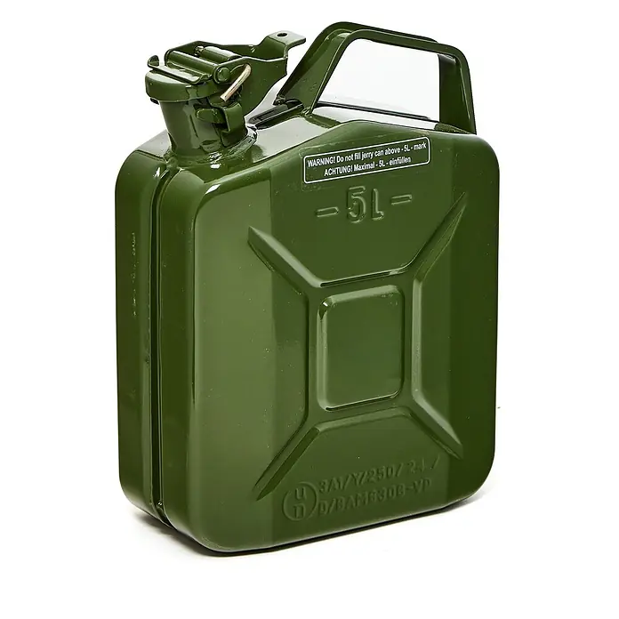 Oxid7 by BW Kraftstoffkanister 5 l, Benzinkanister, Olivgrün -  - Olivgrüner 5-Liter-Metallkanister mit der Aufschrift „ACHTUNG! Maximal - 5L-einfüllen“.
