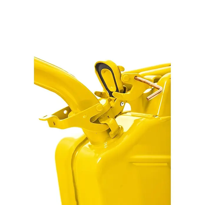 BW Ausgießer flexibel für Kanister 5/10/20 l, Flex Standard, Gelb -  - Ein leuchtend gelber Benzinkanister, der die Oberseite mit dem aufklappbaren Auslaufdeckel, der schwarzen Gummidichtung und einem Kupfer-Sicherungsstift zeigt.