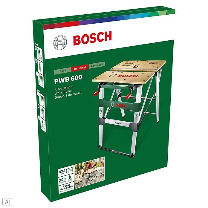 Bosch Spann- & Arbeitstisch PWB 600 (Arbeitshöhe: 834 mm, Arbeitsfläche: 680 x 680 mm)